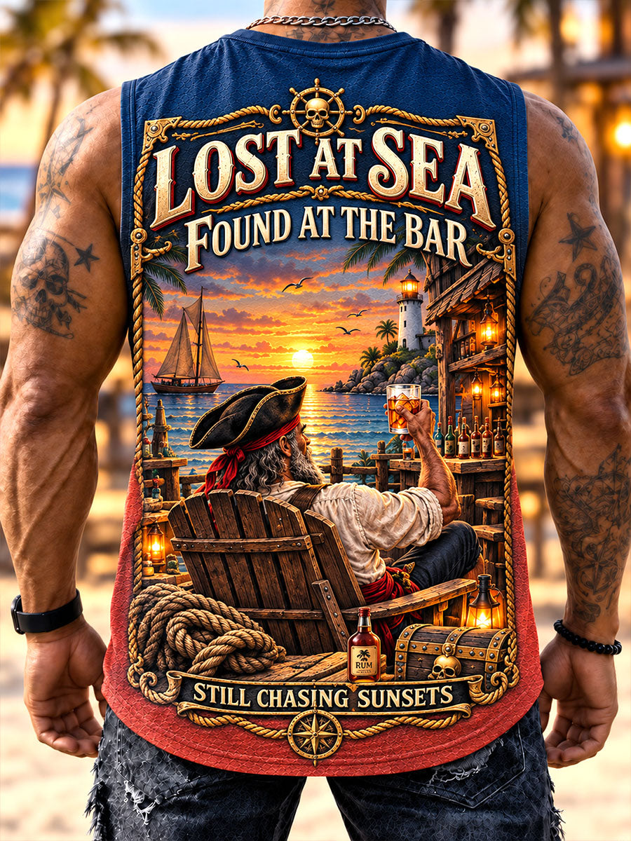 Men’s “Lost at Sea” Pirate Beach Bar & Sunset Print Sleeveless Tank Top