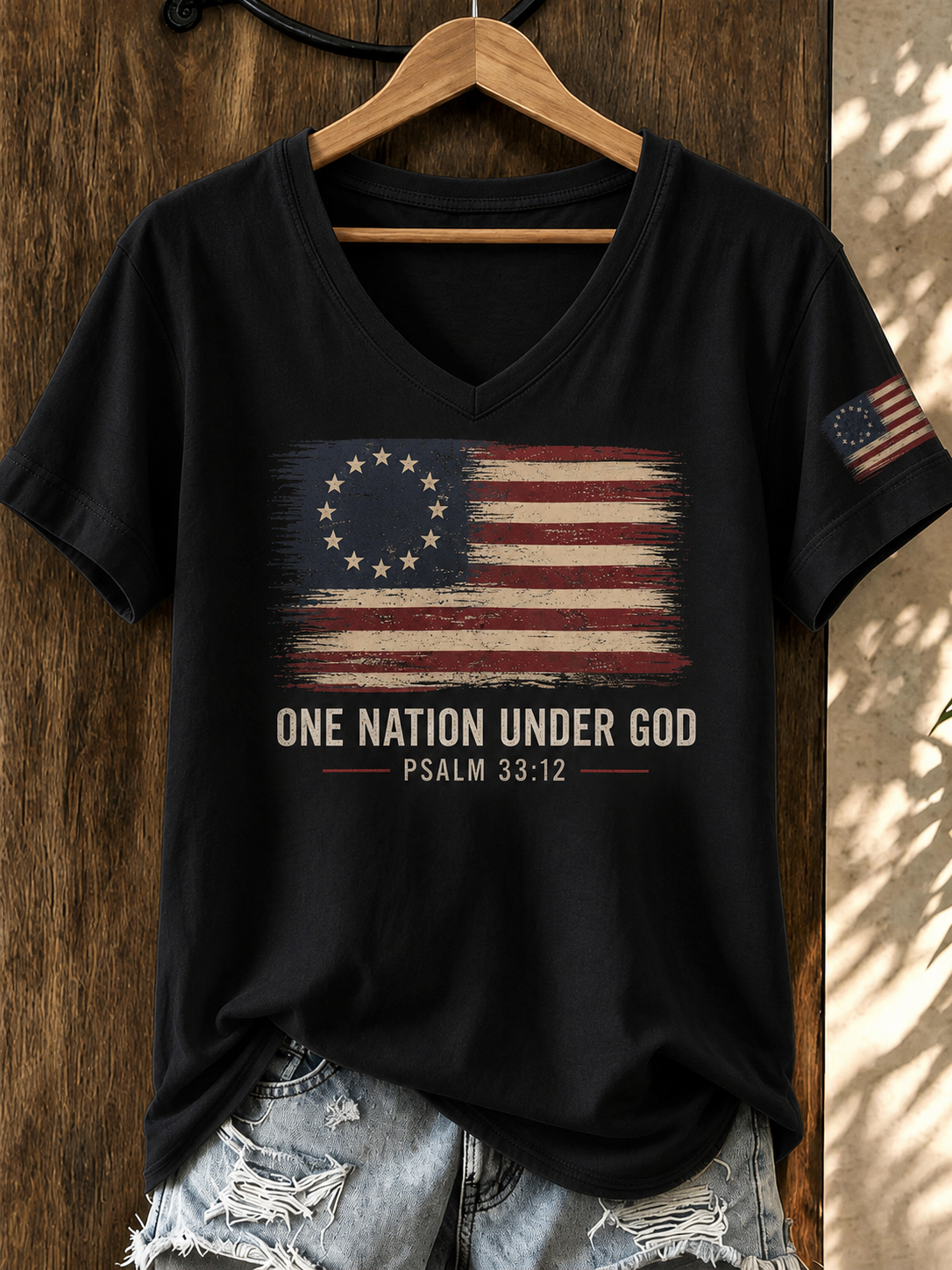 Women's American Flag and One Nation Under GOD Casual T-shirt