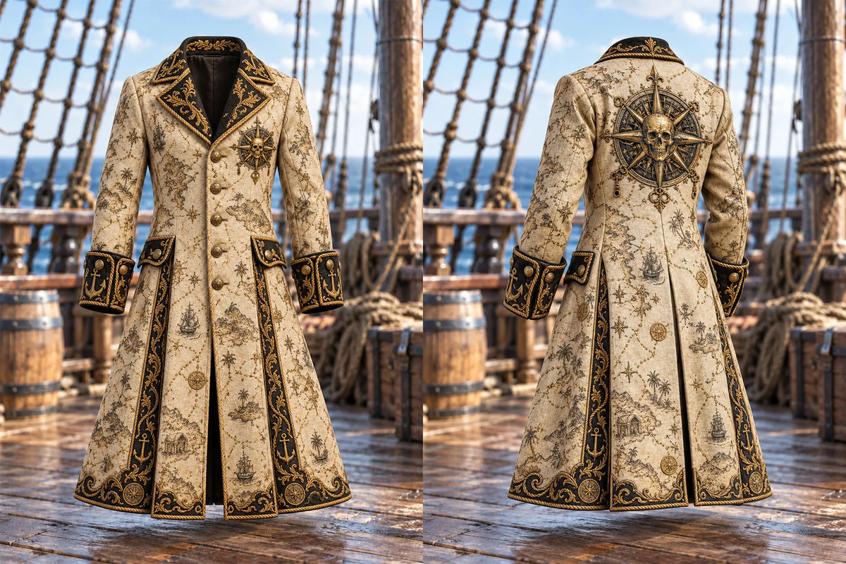 🧭 Men's Navigational Map & Skull Compass Pirate Coat