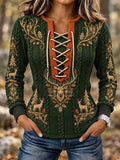 Women's Vintage Retro Hunting Culture Reindeer Print Stitch-Detail Sweatshirt