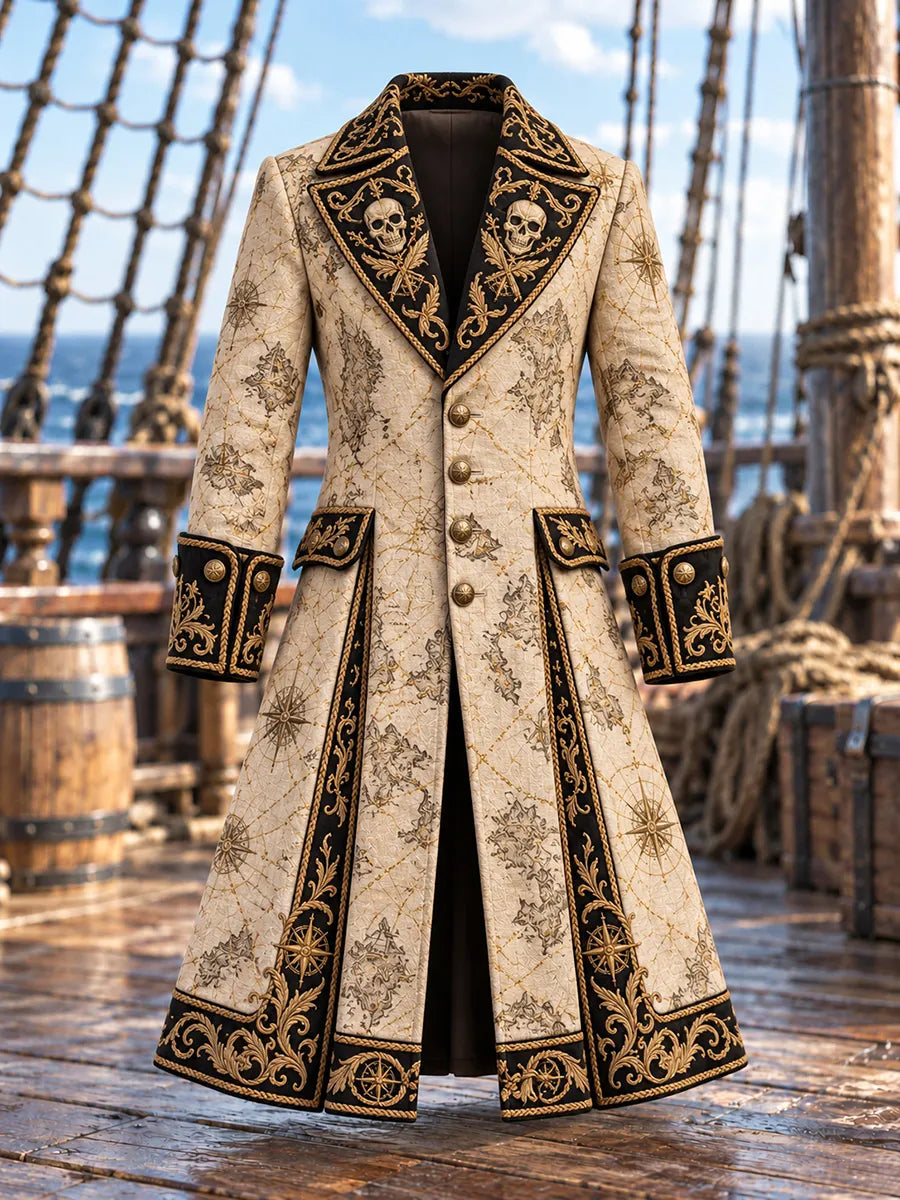 🗺️ Men's Treasure Map & Skull Flag Pirate Coat