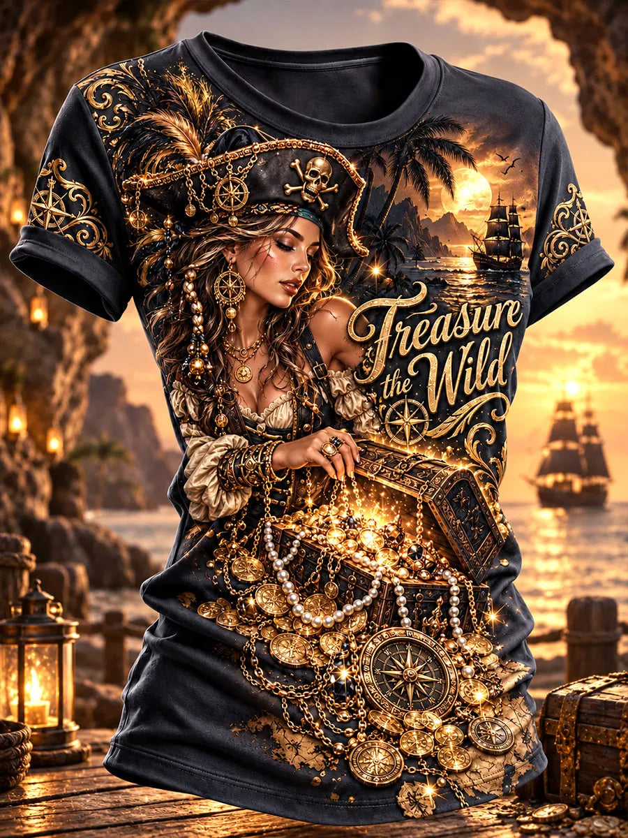 Pirate Woman Treasure Hunt Nautical Graphic T-Shirt