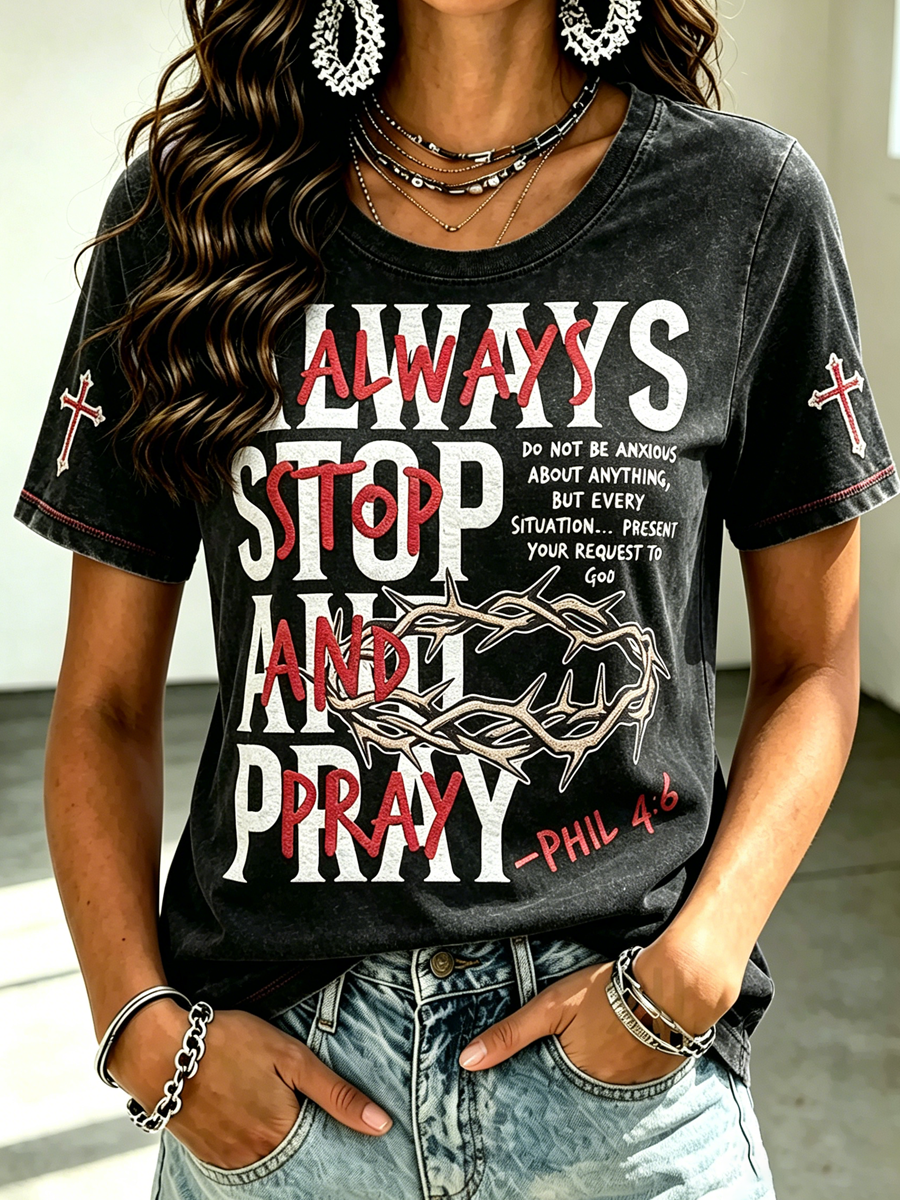 Women'S Retro Faith Art Cross Print Round Neck Short Sleeved T-Shirt
