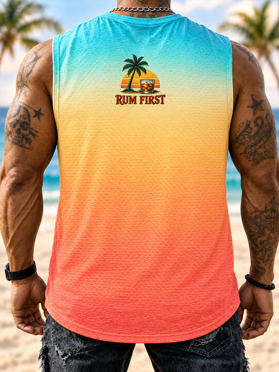 Men’s Rum First, Questions Later Pirate Skull Vacation Sleeveless T-Shirt