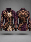 Women's Vintage-Style Pirate Art Print Casual Long Sleeve Button Down Shirt