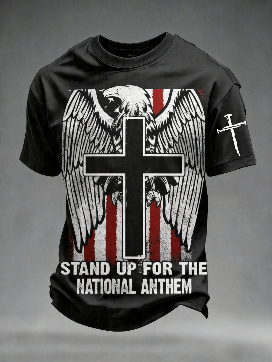 Men's America's 250th Anniversary Stand For The Flag Kneel For The Cross Faith Christian Cross Print T-Shirt