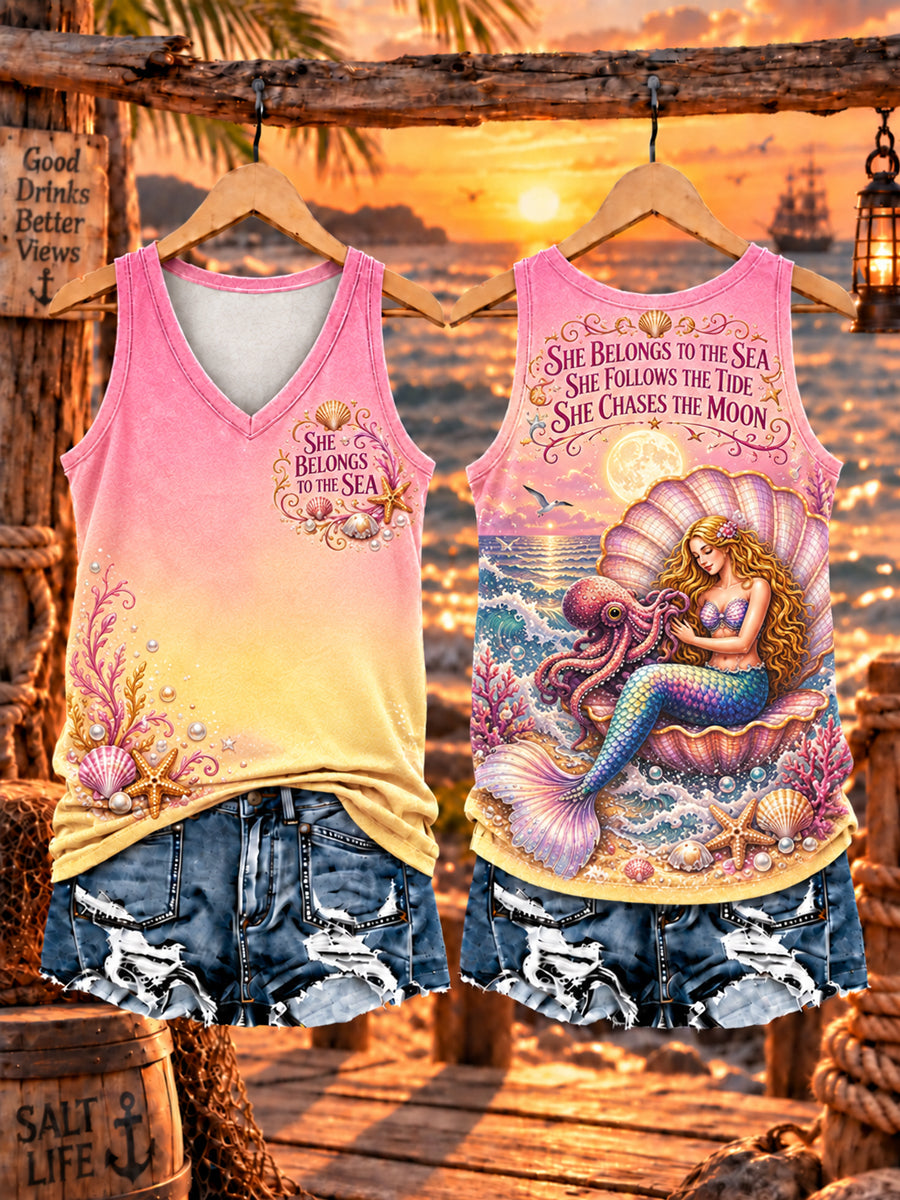 Women‘s "SHE BELONGS TO THE SEA · SHE FOLLOWS THE TIDE · SHE CHASES THE MOON" V-Neck Tank Top