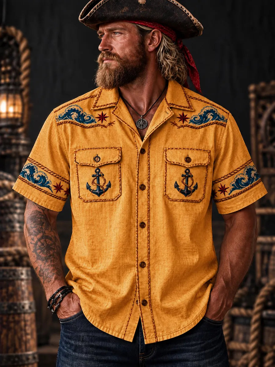 Men’s Vintage “LOST AT SEA” Old Salt Pirate Short Sleeve Shirt