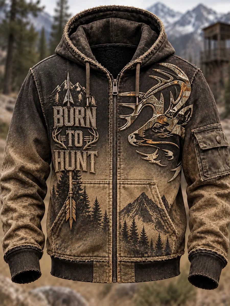 Men's Retro Hunting Culture Print Casual Full-Zip Hoodie