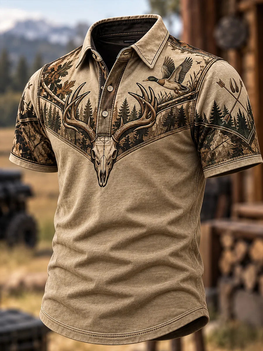 Men's Retro Hunting Culture Print Casual Short Sleeve Polo Shirt