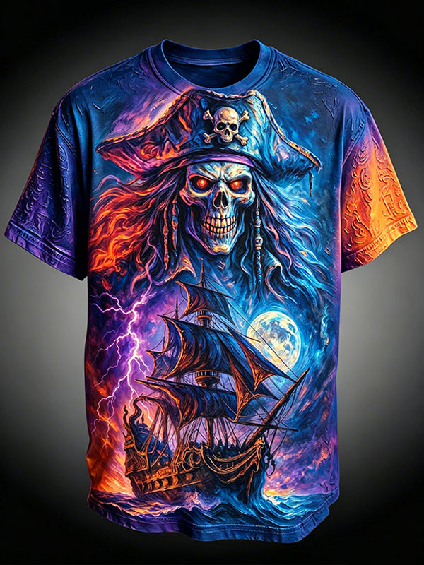 Men's Pirate Skull Ghost Ship Lightning Moon Print T-Shirt