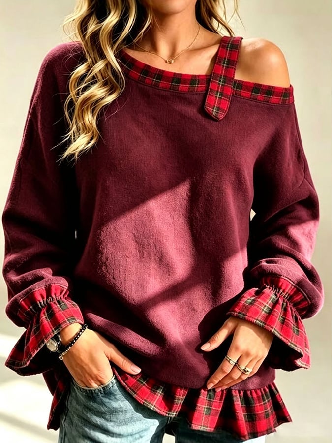 Women'S Asymmetric-Shoulder Plaid Color-Block Sweatshirt