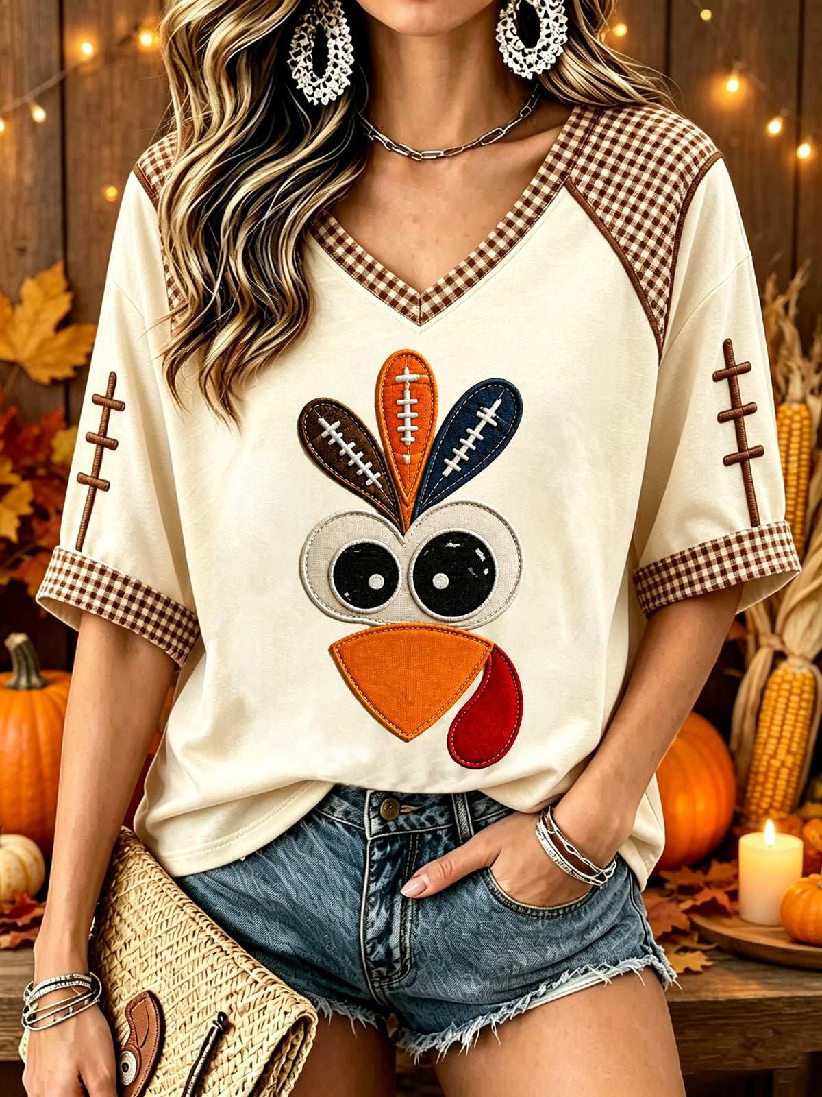 Women's Fun Turkey Football Print T-Shirt