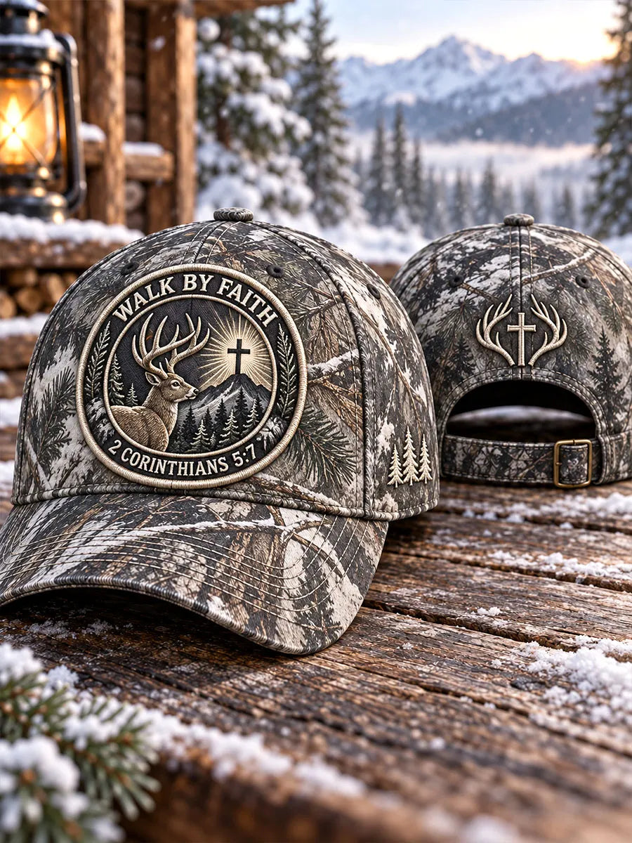 Walk by Faith Snow Camo Deer Hunting Baseball Cap