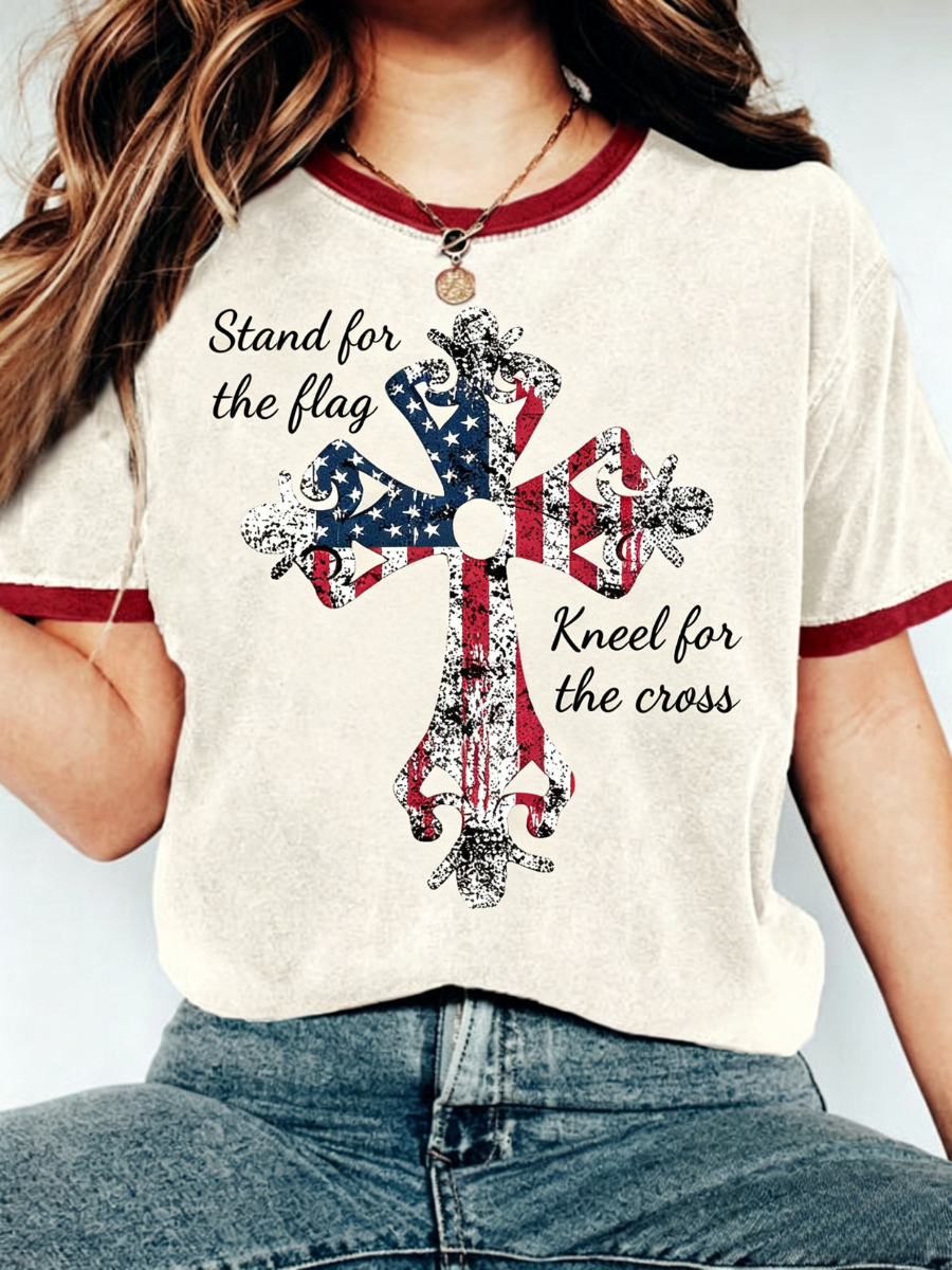 Women's America's 250th Anniversary Stand For The Flag Kneel For The Cross Faith Christian Cross Print T-Shirt