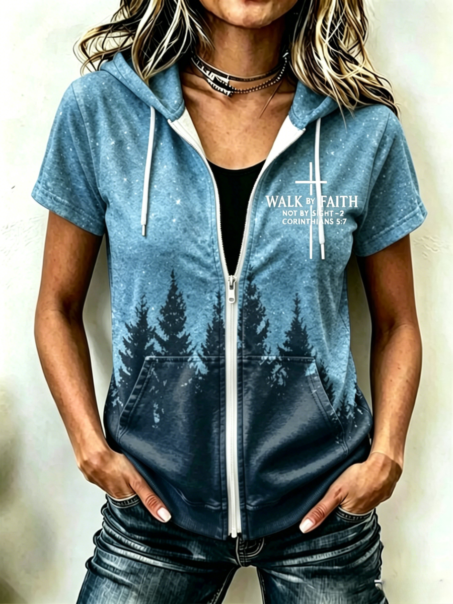 Women's Natural Scenery Faith Short Sleeved Hooded Top