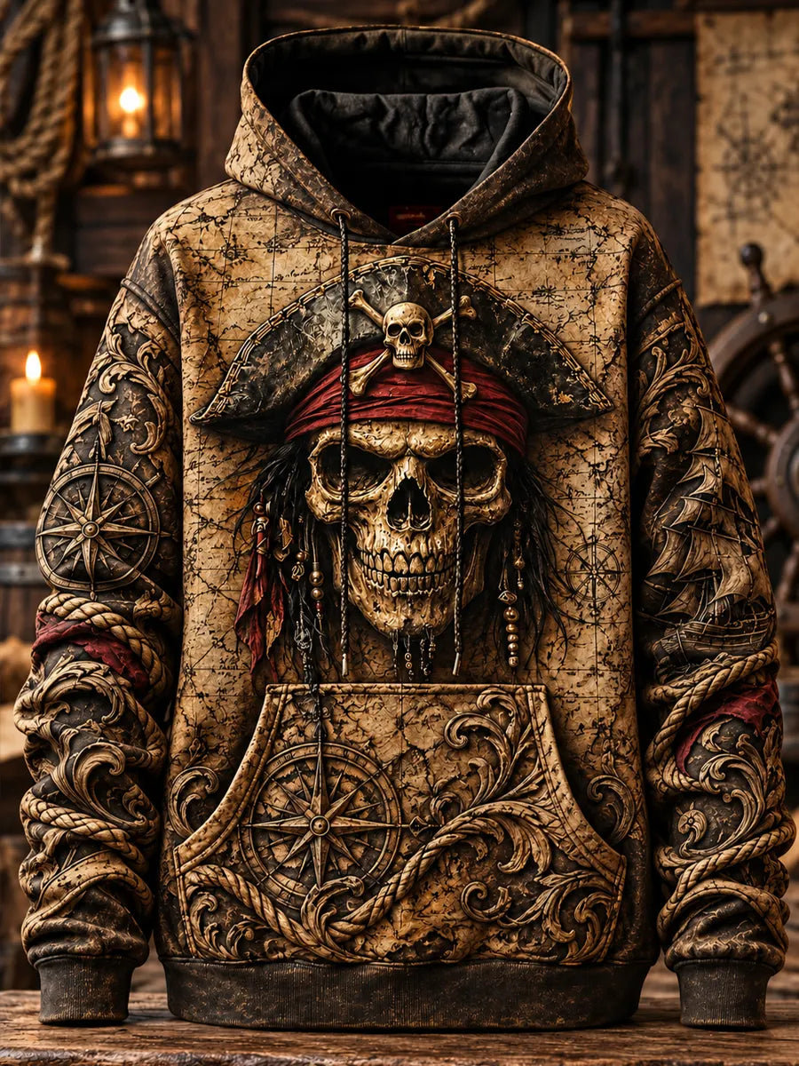 Men's Vintage Pirate Skull Art Print Casual Hoodie