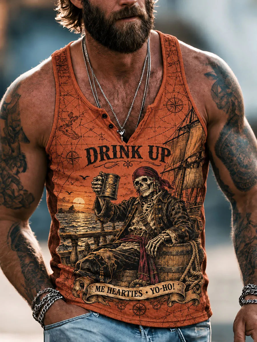 Vintage Pirate Skeleton Rum “Drink Up Me Hearties, Yo-Ho!” Men’s Sleeveless Tank Top