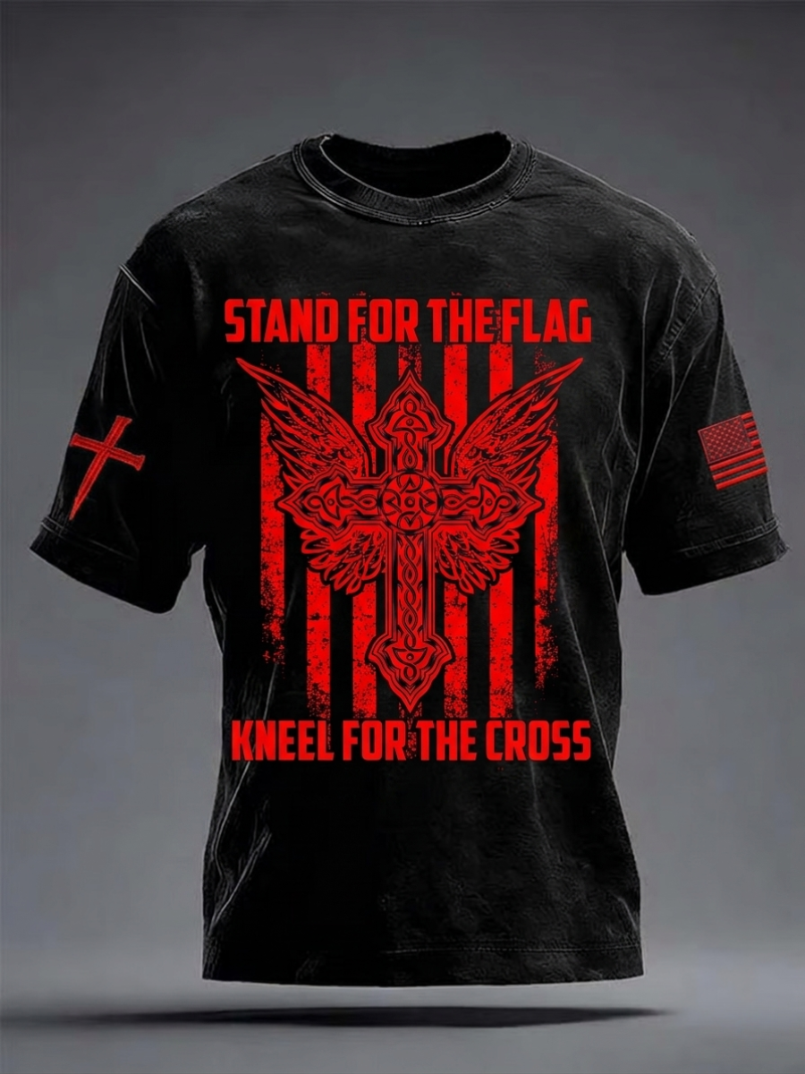 Men's America's 250th Anniversary Stand For The Flag Kneel For The Cross Faith Christian Cross Print T-Shirt