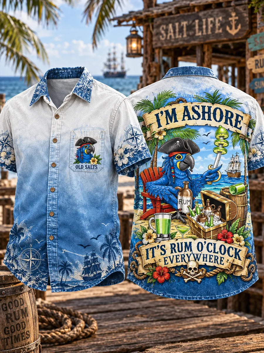 Men’s Vintage “IT'S RUM O'CLOCK EVERYWHERE” Old Salt Pirate Printed Short Sleeve Shirt