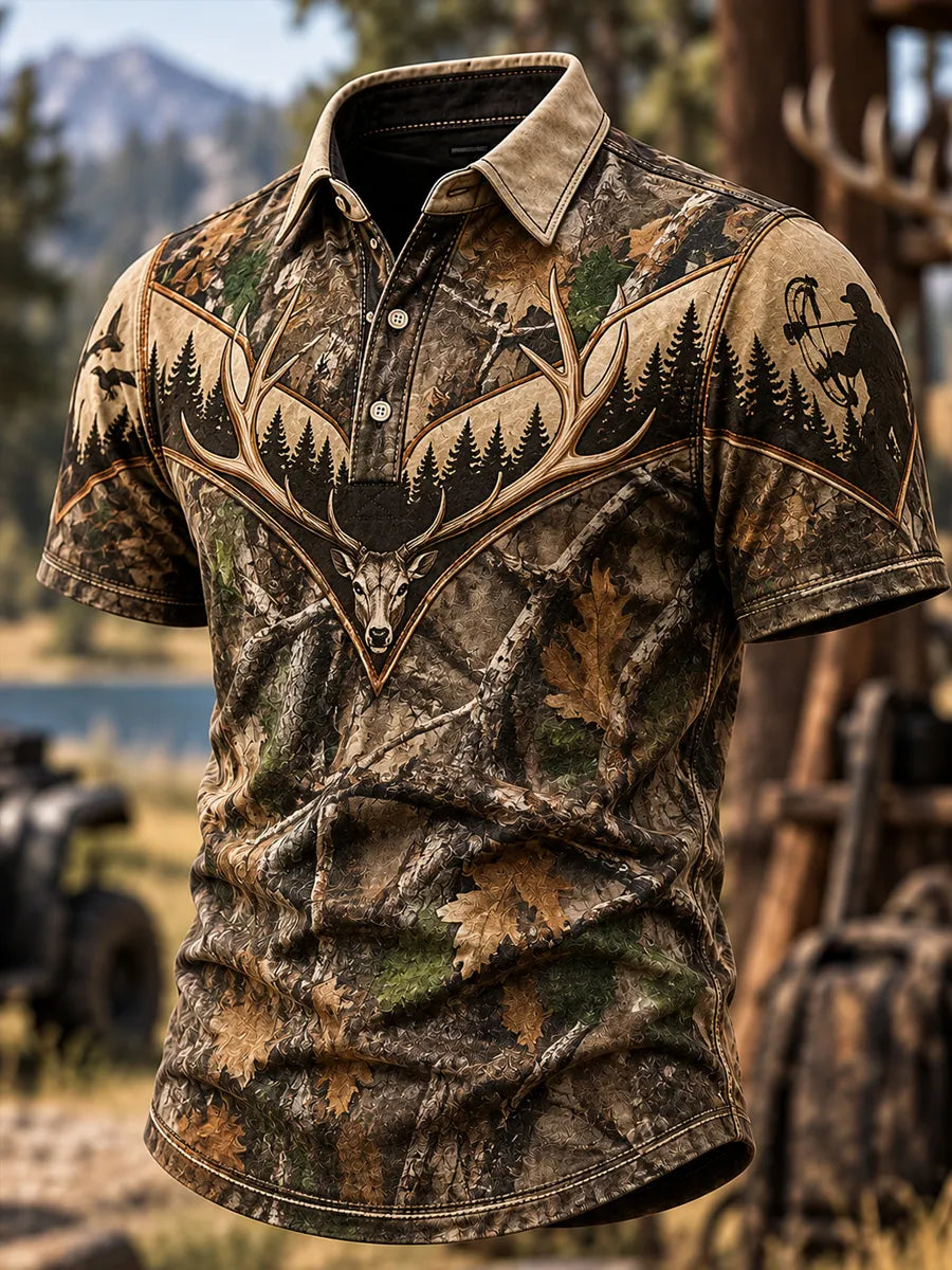 Men's Retro Hunting Culture Print Casual Short Sleeve Polo Shirt