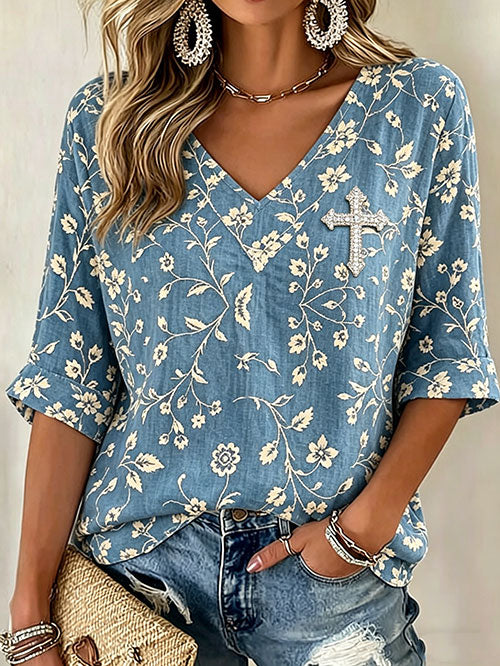 Women'S Faith Floral Printed V-neck Shirt