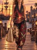 Women’s Pirate Ship & Rose Print Halter Top & Wide-Leg Pants Set