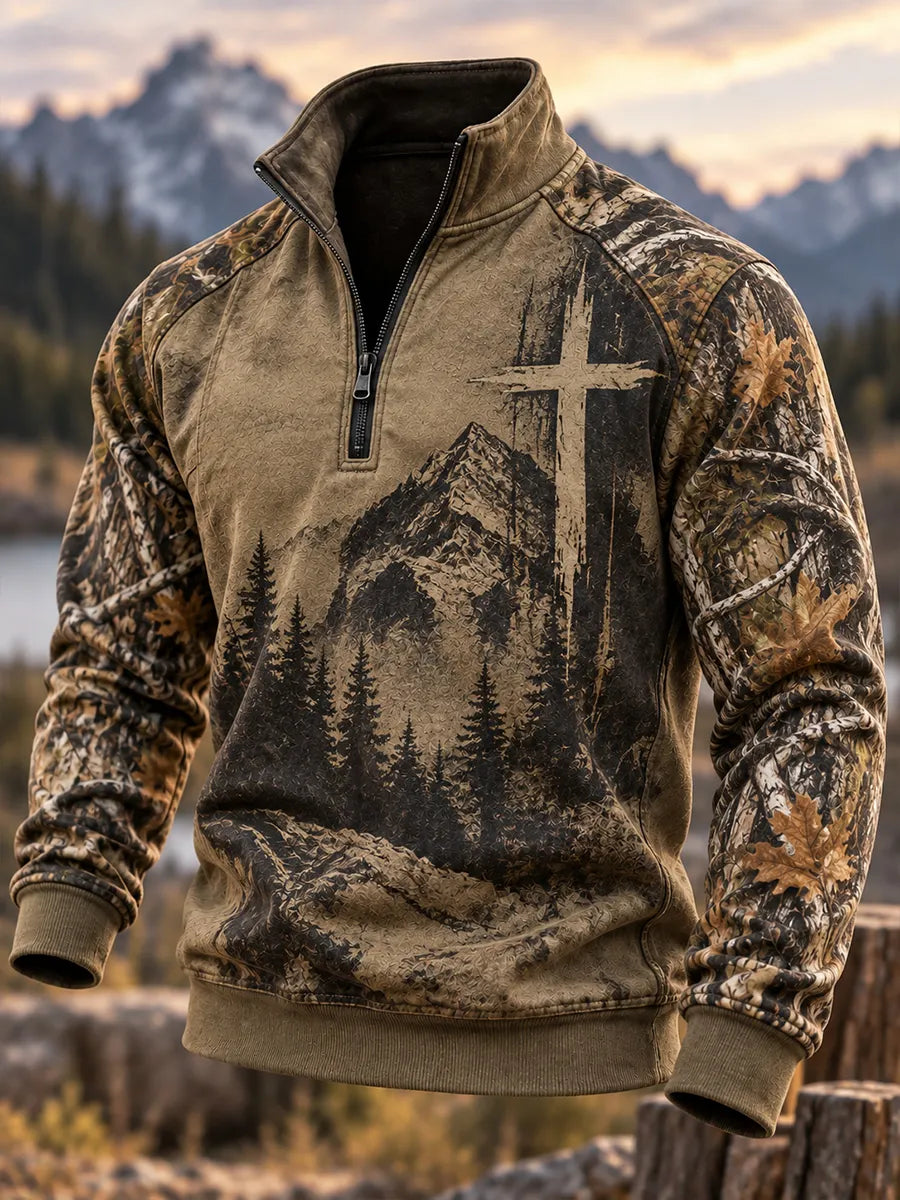 Men's Retro Hunting Culture Print Casual Zip-Up Sweatshirt