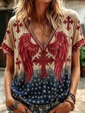 Women's Religion Bohemian Style V-neck Top With American Flag and Floral Embroidery Print
