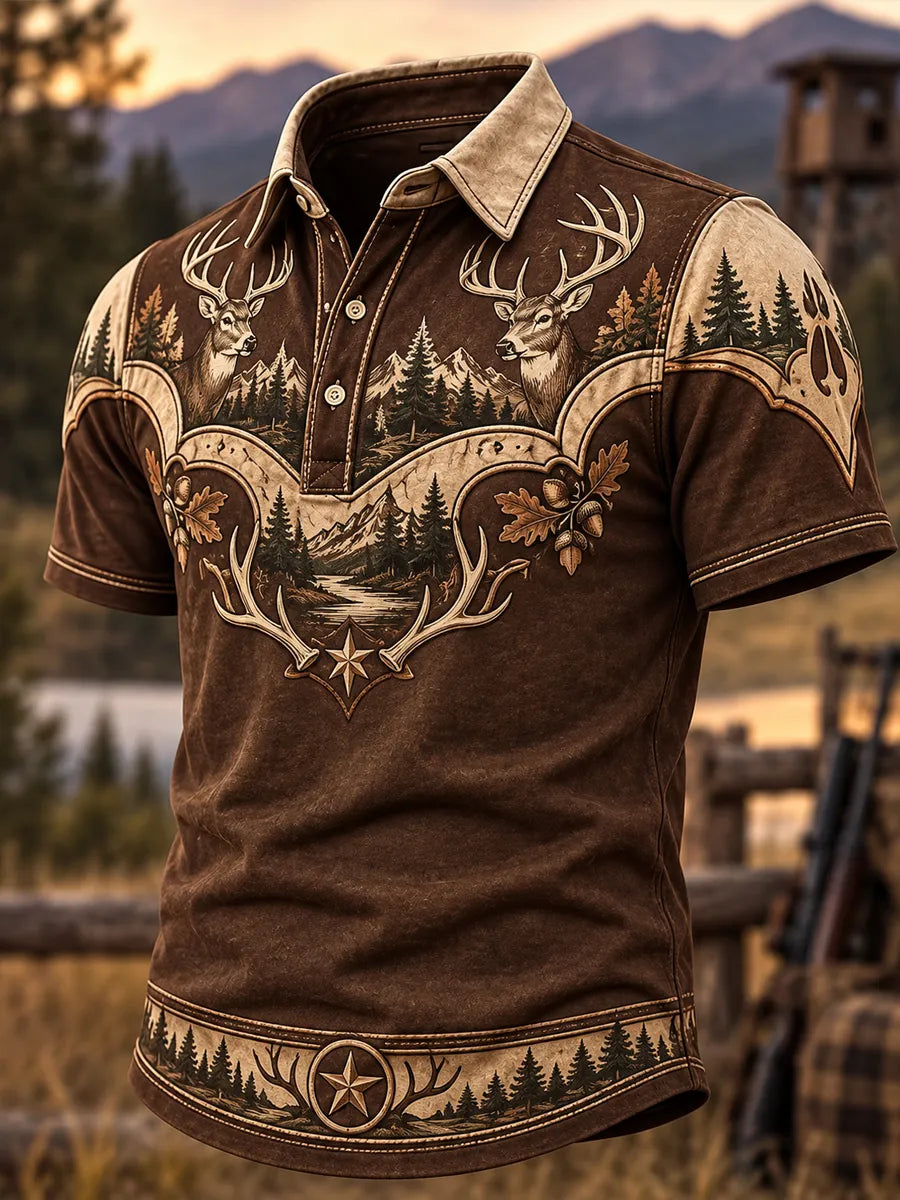 Men's Retro Hunting Culture Print Casual Short Sleeve Polo Shirt