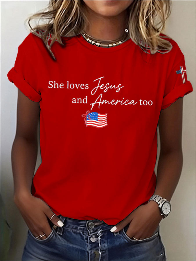 Women'S Love Jesus And America Too Printed Casual T-Shirt