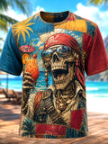 Men's Vacation Skeleton Pirate Drinking Cocktail Patchwork Print T-Shirt