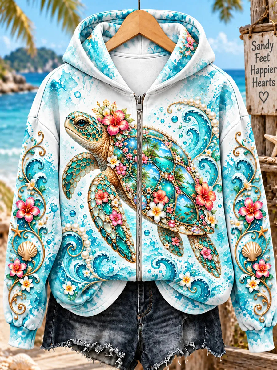Women's Ocean-Style Sea Turtle Art Print Casual Zip Hoodie