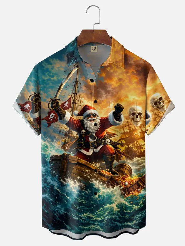 Moisture-Wicking Christmas in July Pirate Santa Chest Pocket Hawaiian Shirt