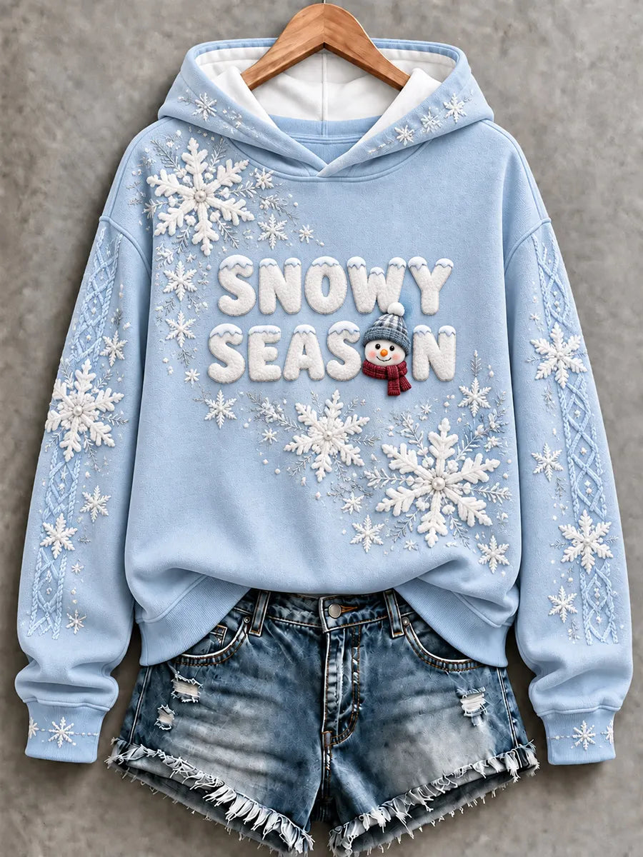 ❄️⛄ "Snowy Season" Cute Snowman & Snowflake Embroidered Blue Hoodie