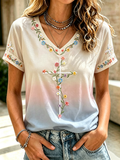 Women'S Casual Floral Faith Cross Print V-Neck T-Shirt