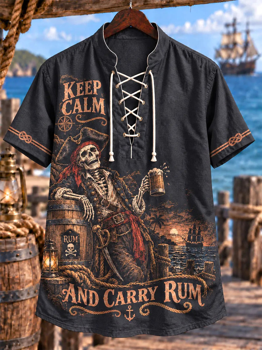 Men’s Skeleton Pirate Rum Theme Lace-Up Short Sleeve Shirt