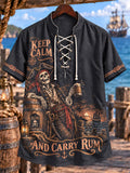 Men’s Skeleton Pirate Rum Theme Lace-Up Short Sleeve Shirt