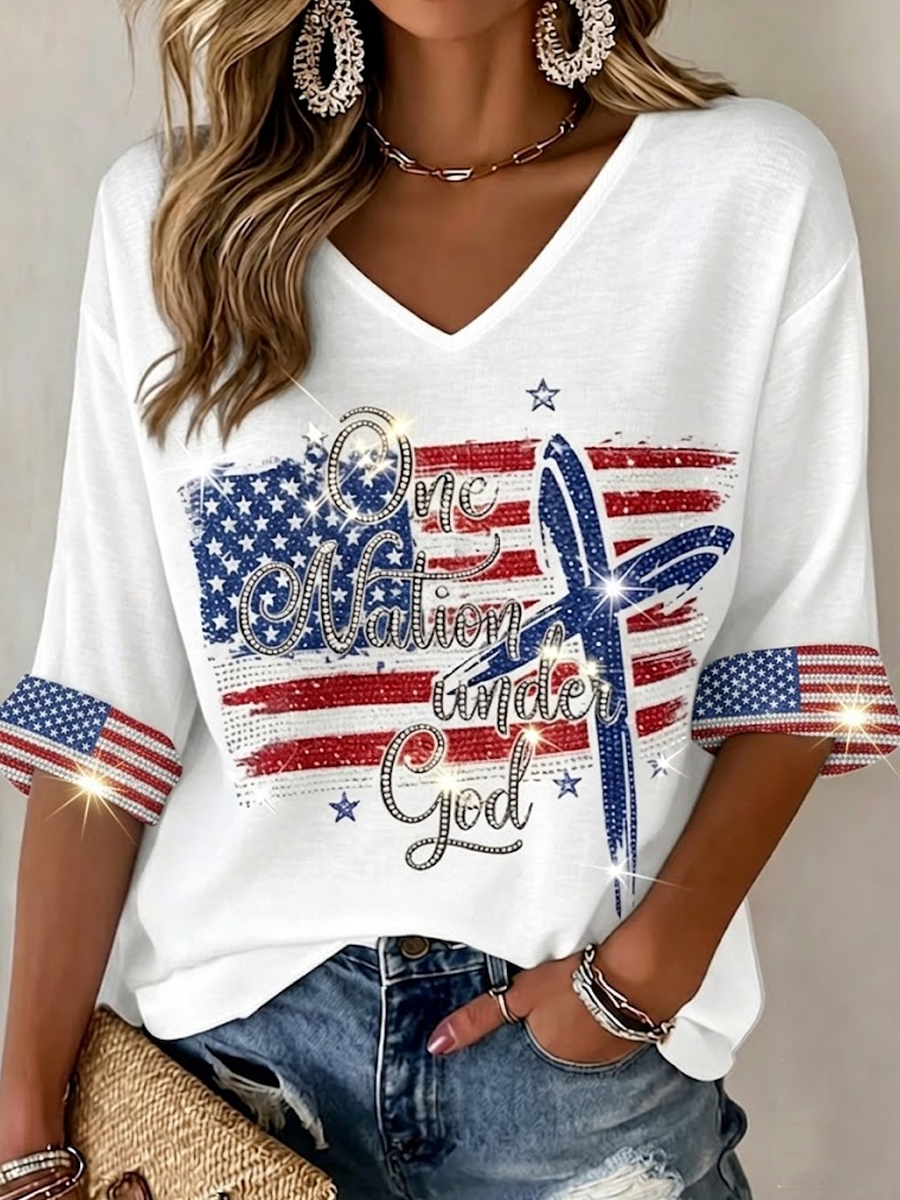 Women'S Retro Independence Day Faith Rose Pattern Casual V-Neck T-Shirt
