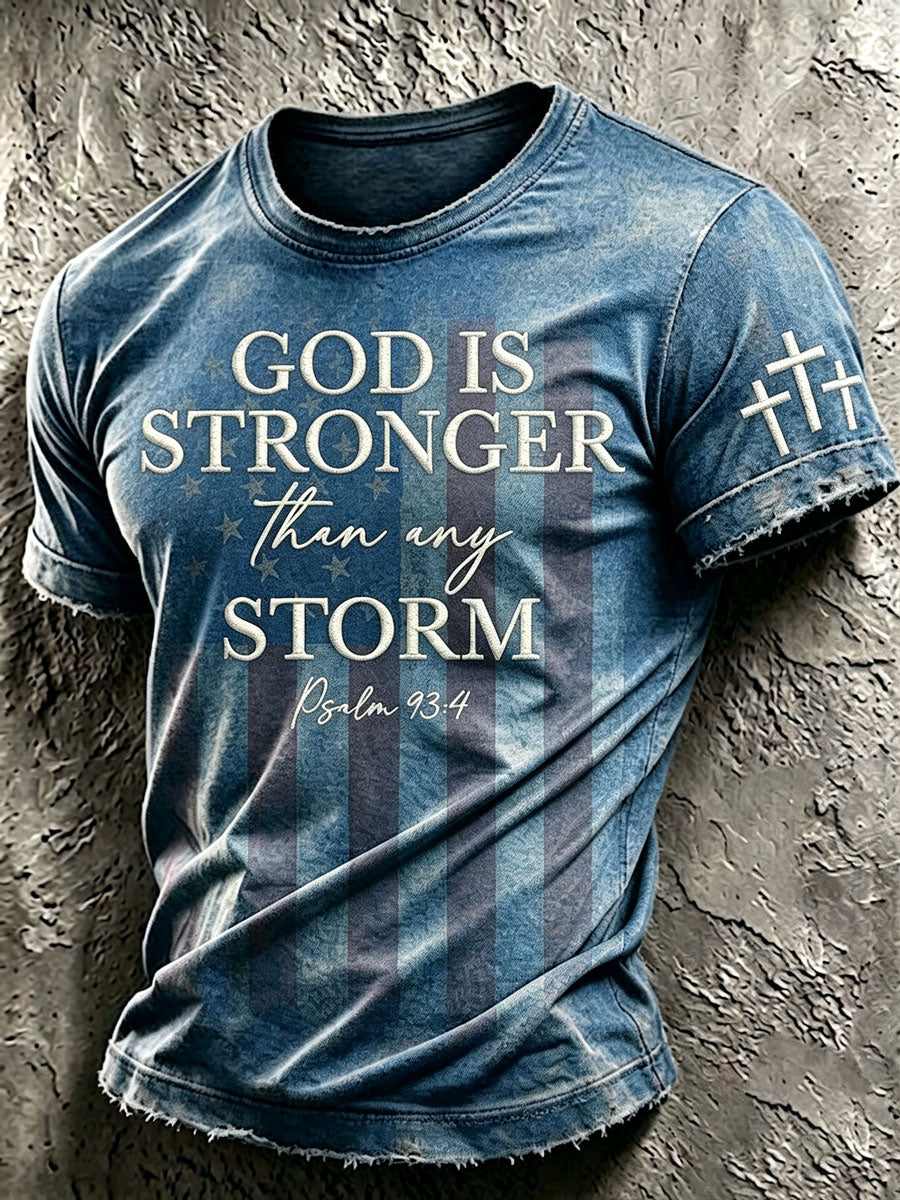 Men'S Retro American Flag Cross “GOD IS STRONGER Than Any STORM”Pattern Short Sleeve T-Shirt