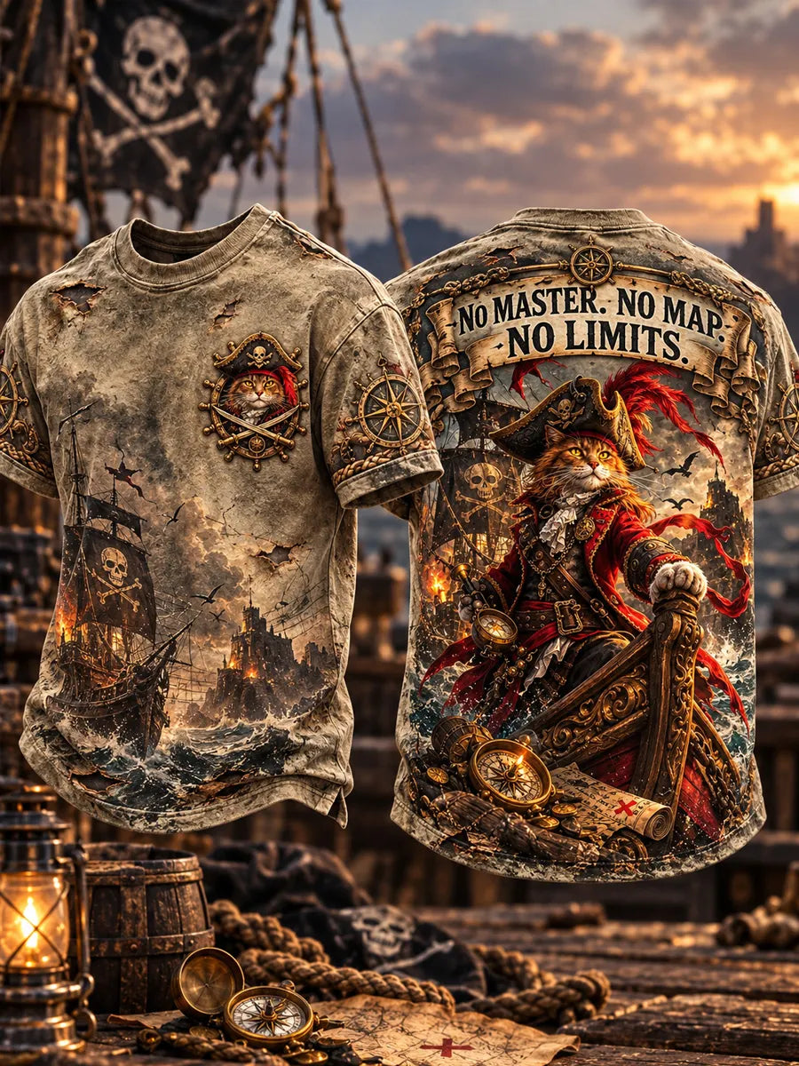 Men’s Retro Cat Pirate Art Printed T-Shirt