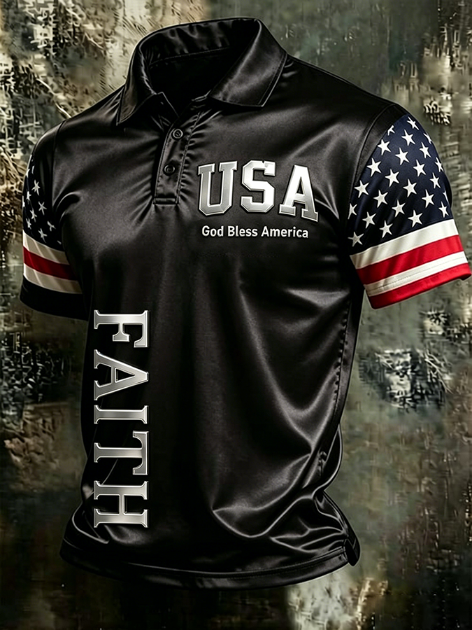 Men'S American Flag Print Casual Polo Shirt