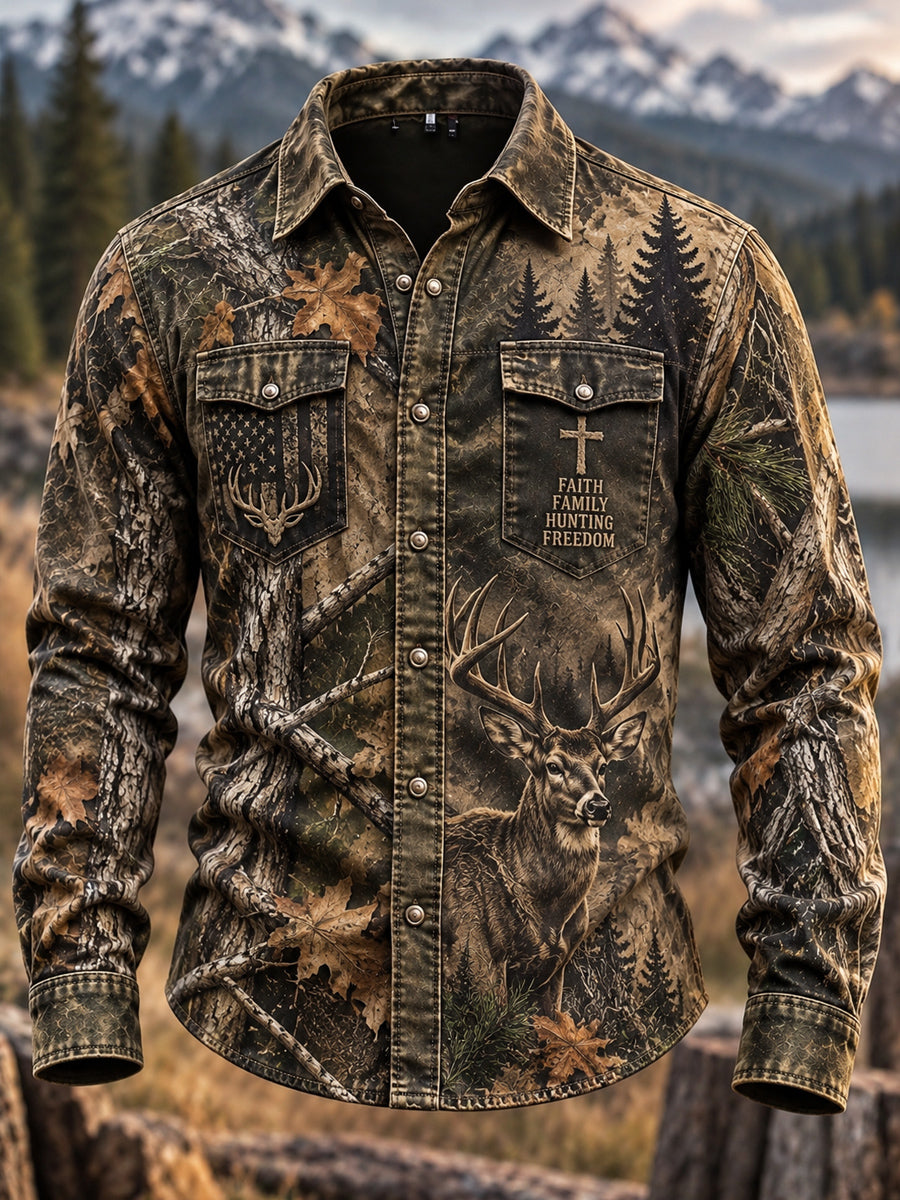 Vintage Hunting Culture Print Long Sleeve Button-Front Shirt