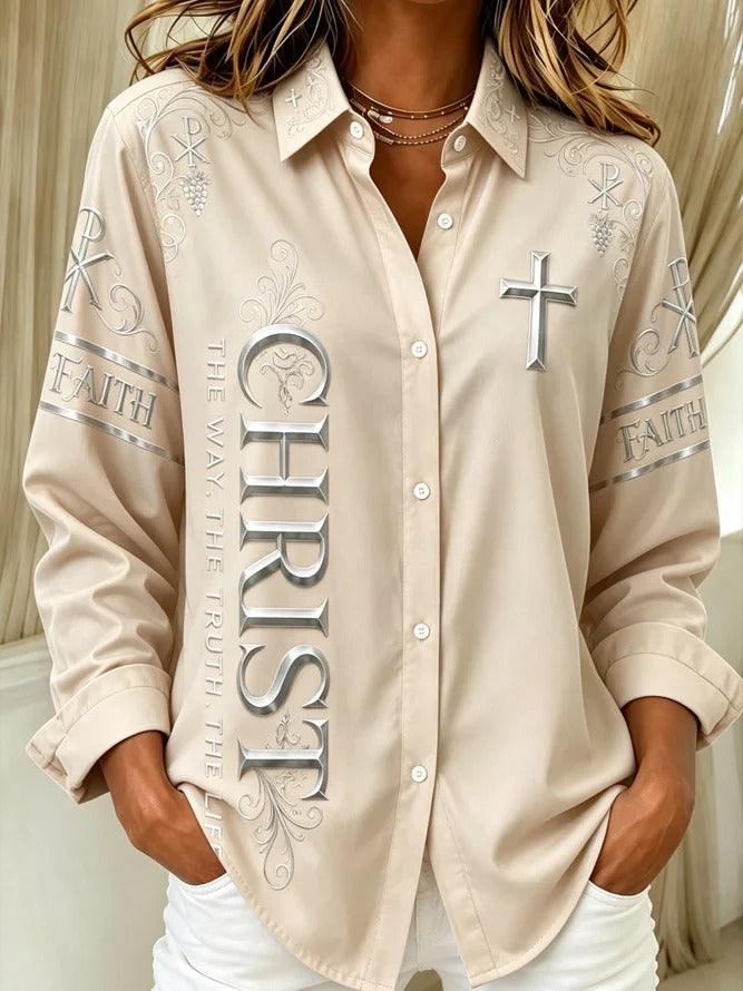 Christ Cross Collar Button Up Long Sleeved Shirt