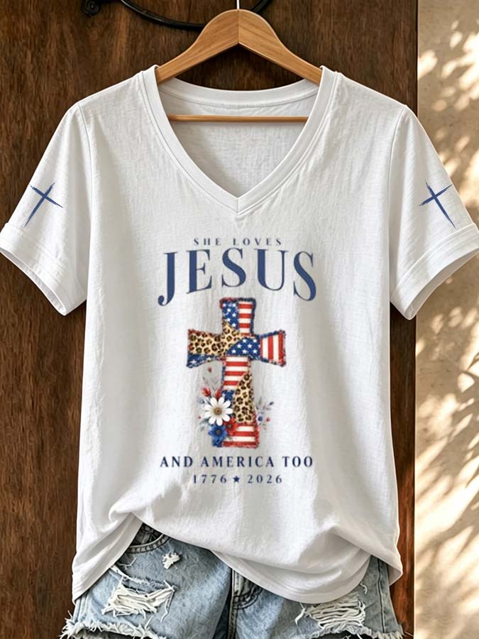 250Th Anniversary Cross Love Jesus V-Neck T-Shirt For American Women