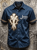 Men's Jesus Thorn Nails Glowing Graphic Ethnic Trim Cuff Short Sleeve Lapel Button Down Shirt