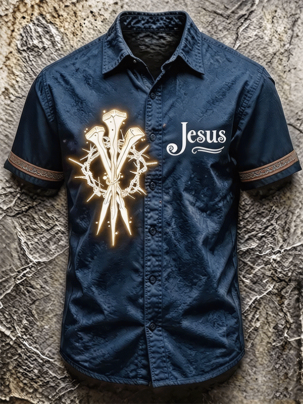 Men's Jesus Thorn Nails Glowing Graphic Ethnic Trim Cuff Short Sleeve Lapel Button Down Shirt