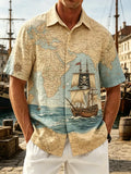 Linen-Texture Vintage Map & Pirate Ship Chest Pocket Holiday Hawaiian Shirt