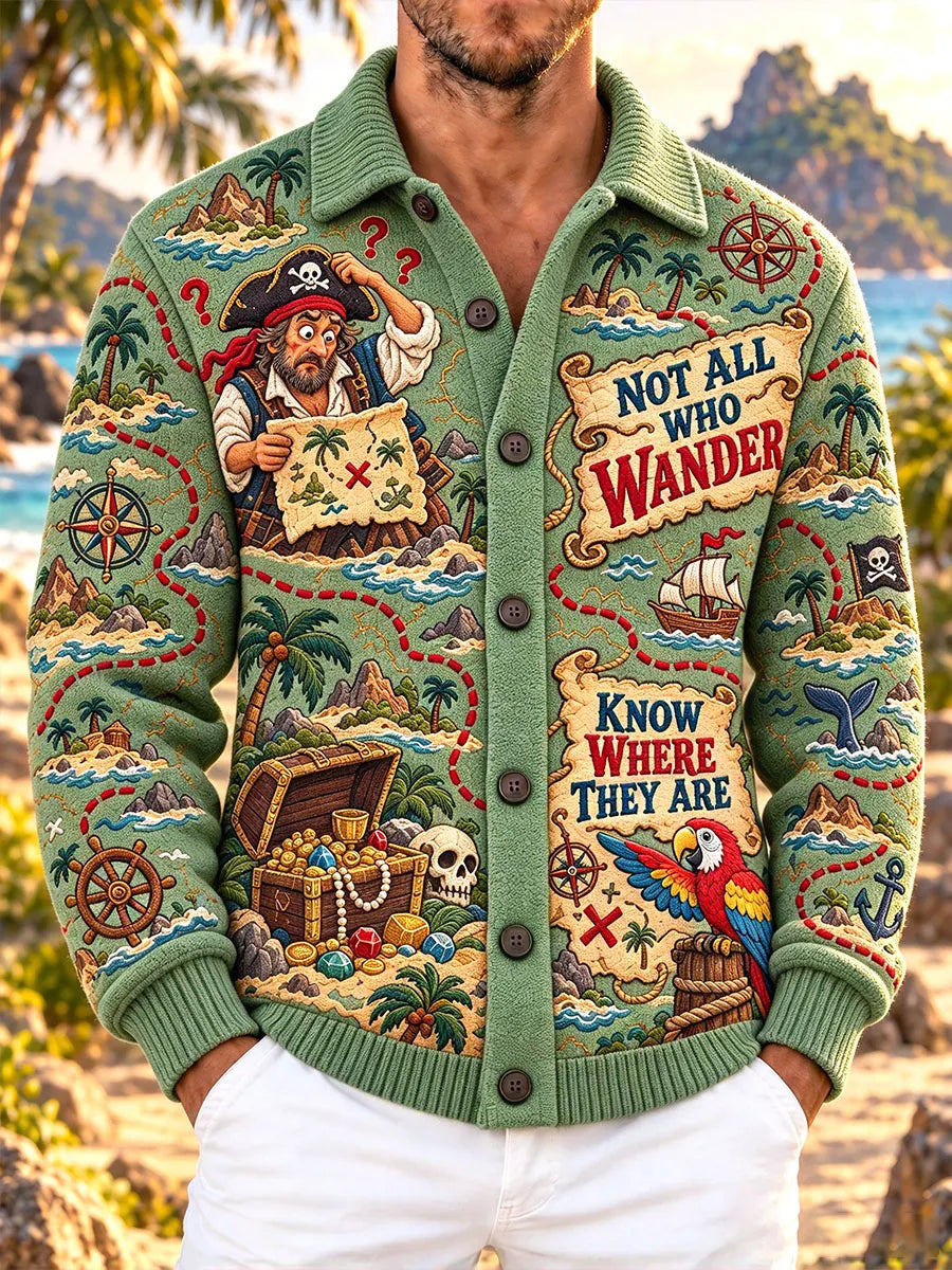 Not All Who Wander Pirate Treasure Map Men's Knit Cardigan
