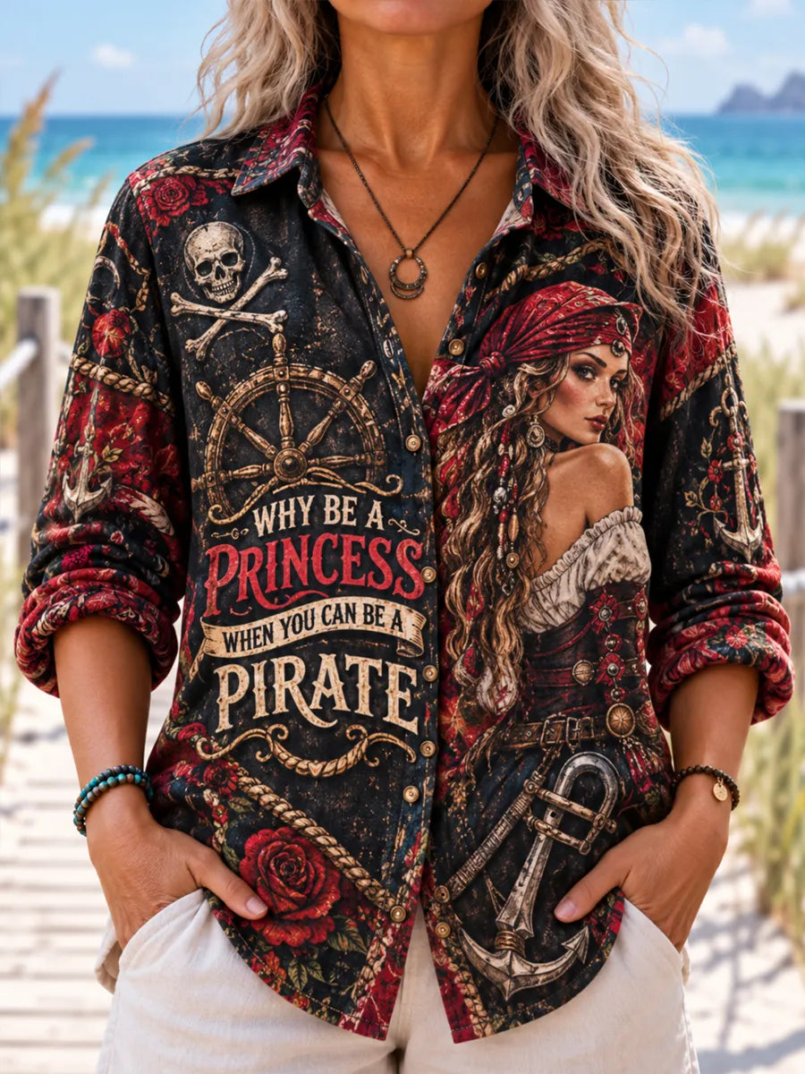 Women's Retro Style Pirate Ocean Theme Long-Sleeve Collared Shirt